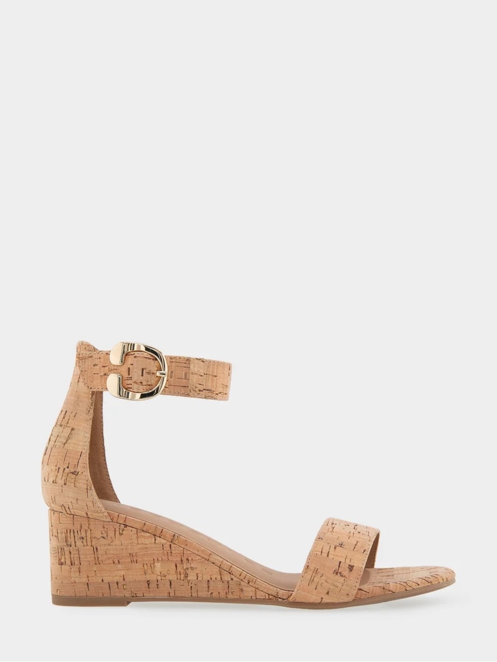 AEROSOLES Willis Cork Wedge Sandal with Gold Buckle - Natural Tan